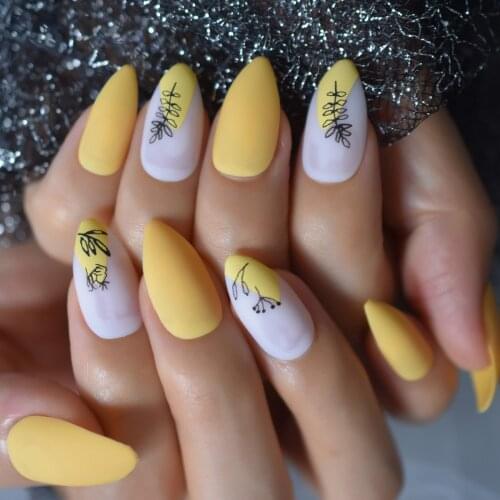 Pre-designs 2021 Aug. New Press On Nail Tips Galss Pattern Fingernail Medium Almond Yellow Mixed White Color Supplies Manicure