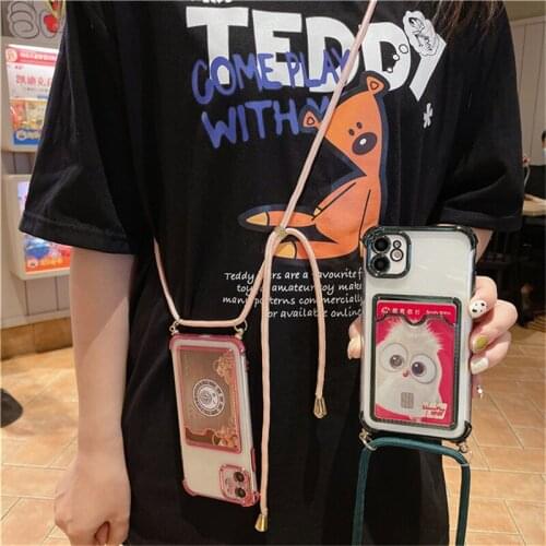 Transparent Electroplating Card Strap Case For iPhone 12 Pro XS Max 7 8 Plus 11 X XR Vintage Soft TPU Shockproof Back Covers