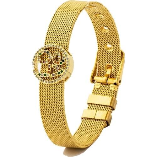 Luxury Romantic Gold Color Adjustable Stainless Steel CZ Bracelet With Love Shiny Rhinestone Watch Belt Bangle Jewelry For Women