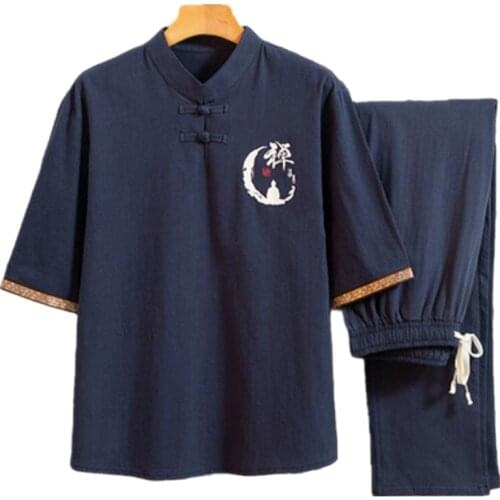 Shirt + trousers) 2021 summer Chinese Style men shirt Man Cotton and linen shirts Short sleeve mens casual shirts men size 4XL