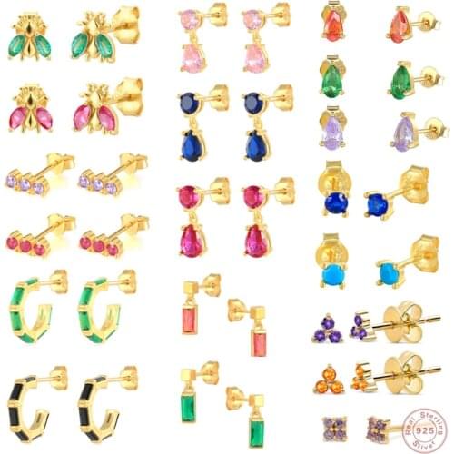Korean Earrings 925 Sterling Colorful Zircon Stud Earring For Women Piercing Pendientes Plata 925 Rainbow Crystal Aretes Jewelry