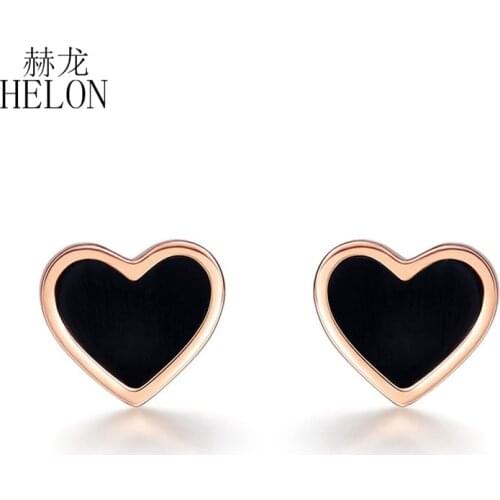 HELON Solid 18K Rose Gold Flawless Heart Cut 6x7mm Genuine Black Agate Stud Earrings Trendy Fine Jewelry Women Earrings