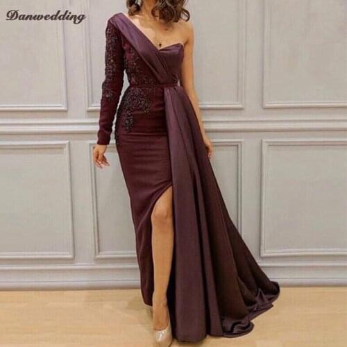 Sexy One Shoulder Satin Evening Dresses Long Sleeve Side Split Floor-Length Lace Prom Dress Girl Party Dresses New Arrival