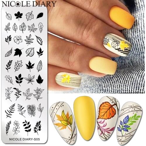 NICOLE DIARY Maple Leaves Stamping Nail Plate Autumn Winter Series Nail Stamp Plates Fall Flower Leaf Printing Stencil Design