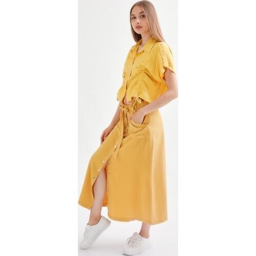 Tencel Studs Detailed Skirt With Pockets-Mustard