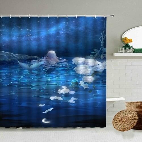 Dreamy Blue Ocean Mermaid Shower Curtain Set Flower Cute Girl Bathroom Accessories With Hook Hanging Waterproof Screen Washable
