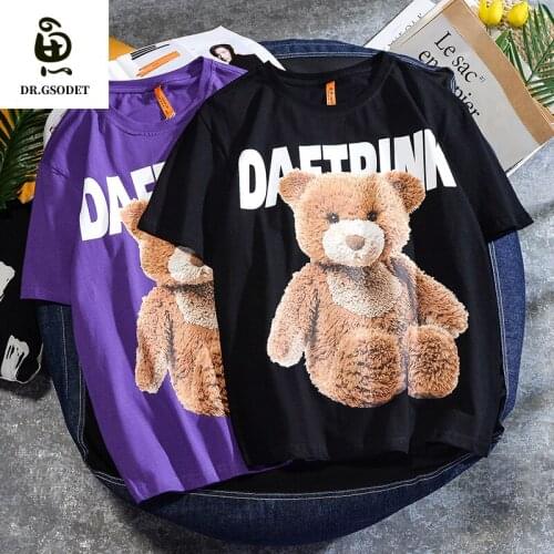 GSODET Summer T-Shirt Couple Cotton Large Size Big Teddy Bear Print Short-Sleeved Men and Women Casual High Street Trend Top
