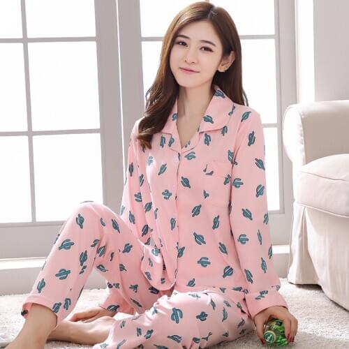 Women Pajamas Autumn Winter Knitted Cotton Pajama Cartoon Long Sleeve 2Piece Set Female Pyjamas Casual Plus Size Girls Pijamas