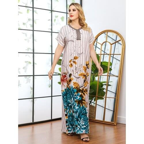 Ramadan Turkey India Muslim Dress Floral Print Women Abaya Duabi Arabic Vestidos Moroccon Kaftan Islamic Clothing Jilbab Gown