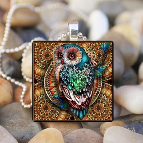 2020 New Hot Sale Alloy Fashion Owl animal Cabochon Art Photo Square Glass Tile Chain Pendant Necklace Jewelry For Women Gift