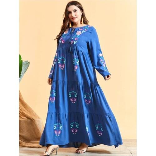 Fashion Women Plus Size Maxi Dress Muslim Abaya Dubai Kaftan Embroidery Maxi Jilbab Islamic Clothing Gown Party Robe Ramadan Eid