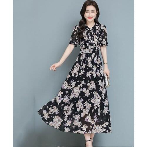 2021 Summer New Short Sleeve Printed Chiffon Dress Female High Waist Temperament Waist Bohemian Beach Dress Long Vestidos aq585