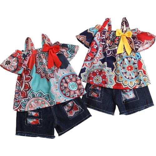 2021 Toddler Baby Kid Girl Fashion Clothes Set Off Shoulder Floral Top Denim Jeans Shorts Outfits Children Girls Costumes Summer
