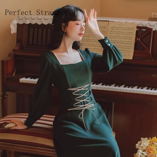 2020 Autumn New Arrival High Quality Retro Square Collar Bandage Long Sleeve Women Long Dress
