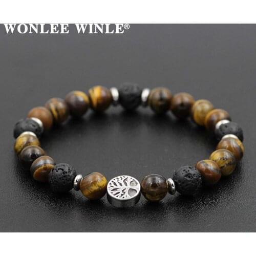 8mm Natural Stone Bead Bracelet Stainless Steel Double Side Tree of Life Round Charm Bracelet Jewelry for Men Women Gifts