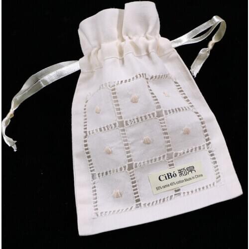 B008-B : Beige ramie/cotton drawstring hand drawn thread embroidery gift bags 12pieces/pack 5x7 inches sachet bags, travel pouch