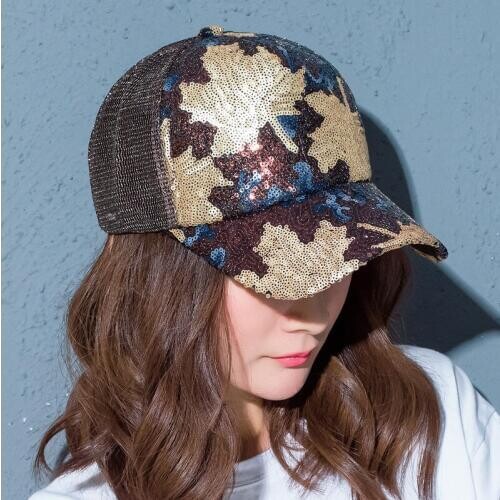 Summer Messy Bun Mesh Hats Women leaf Glitter Ponytail Baseball Cap Spring Snapback Hat ladies Casual Adjustable sequins Hot hat