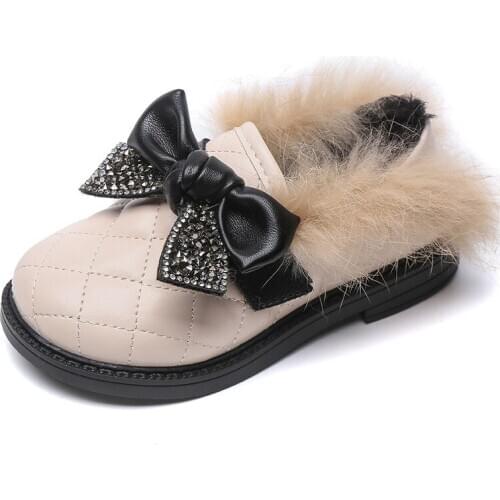 Children Casual Shoes Warm Cotton Winter Toddlers Girls Leather Shoes With Fur Fluffy Hair Plush Kids Flat Loafers Crystal Bow