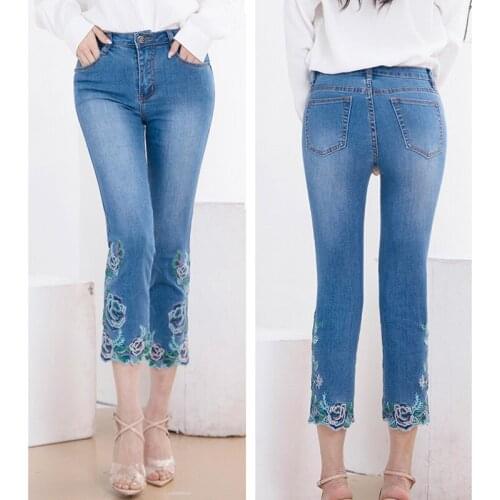 FERZIGE New Luxury Embroidery Pants Women Fashions Skinny Jeans High Waist Pants Female Casual Slim Fit Pants Plus Size 36