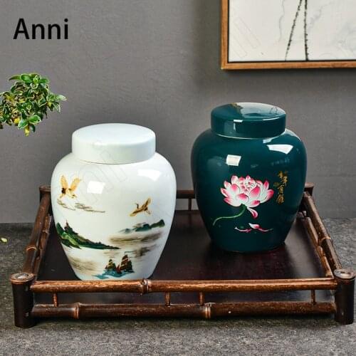 Chinese Painted Ceramic Tea Tins Sealed Tea Leaves Storage Box Teahouse Decorative Ornaments Coffee Table Storage Jars with Lid