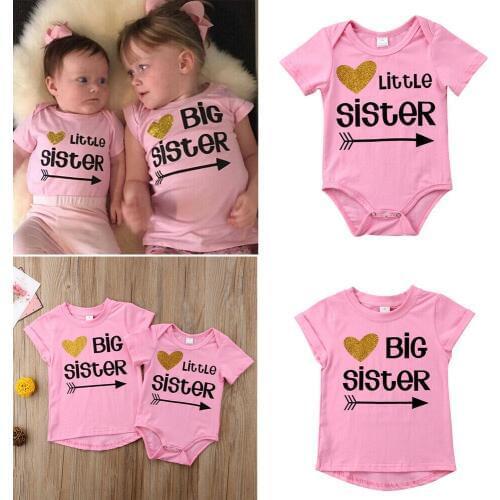 Family Matching Clothes Big Sister T-shirt Little Sister Romper Short Sleeve Letter Print Pink Tops Outfits New