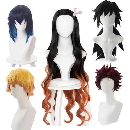 Demon Slayer kimetsu no yaiba Nezuko Tanjirou Agatsuma Zenitsu Tomioka Giyuu Inosuke Cosplay Wigs Earrings Mask