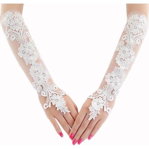 Sweet Embroidery Floral Lace Long Gloves Sheer Mesh Wedding Bridal Prom Mittens