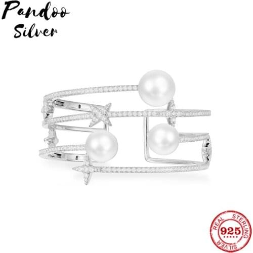 Fashion Charm Sterling Silver Copy 1:1 Copy,Silver Festival Triple Pearl Open Cuff Women 2021 Jewelry Gift With Logo