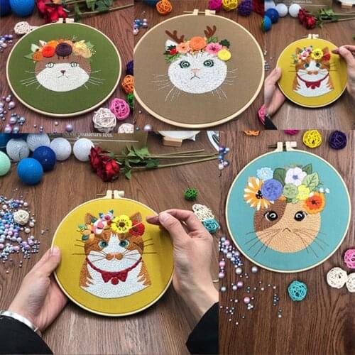 DIY Flower Cat Embroidery Handcraft Needlework Cross Stitch Kit Cotton Embroidery Painting Embroidery Hoop Home Decor