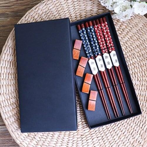 4 Pairs Japanese Chopsticks Set Natural Bamboo Reusable Chopsticks With Chopstick Rest Chinese Set Household Round Cutlery