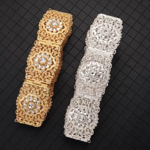 New large rhinestone hollow pattern metal belt elegant round crystal waist chain