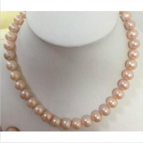 Huge 10-11mm freshwater round gold pink pearl necklace18inch 925silver