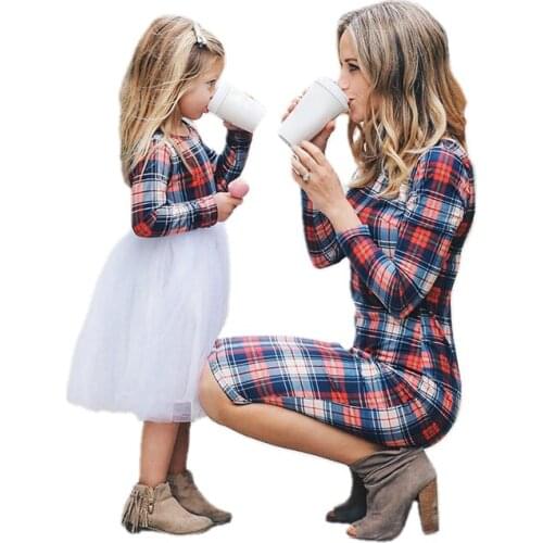 Parent-child dress Christmas autumn and winter mother and daughter dress long-sleeved plaid printed net gauze skirt