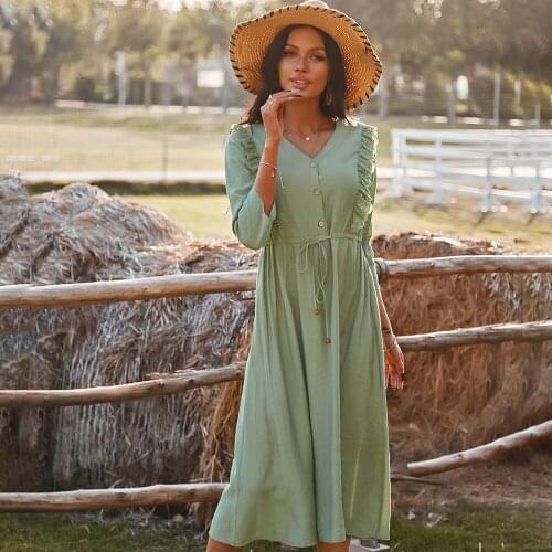DUISNENA boho dress green dark blue solid color shirt dress v-neck ruffled sprint/autumn women dresses casual robe vestidos