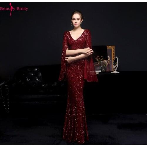 Romantic V Neck Long Flare Sleeve Mermaid Evening Dress Long 2021 Luxurious Sequined Zipper Back Party Dress 6 Colors Available