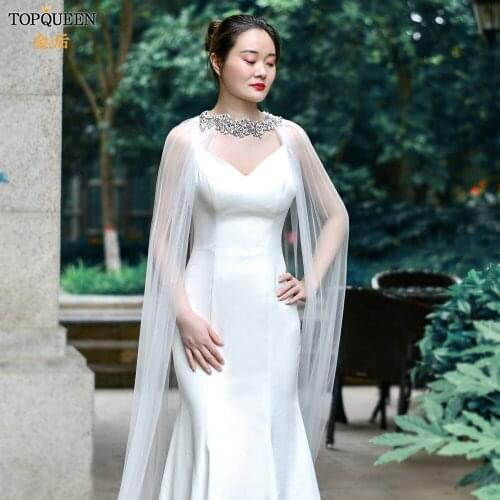 TOPQUEEN G22 3M Wedding Shawl Tulle with Rhinestones Bride Cape Cloak Wrap Sparkly Appliqued Diamond for Party Strapless Dress