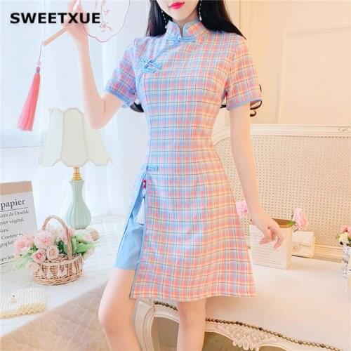 SWEETXUE Retro Plaid Improved Cheongsam Dress Womens Casual Split Summer Dress