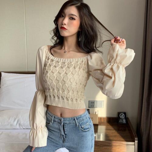 Women Shirts Puff Sleeve Vintage Square Sexy Small V-neck Slim Blouse Knitted Long Sleeve Tops Femal