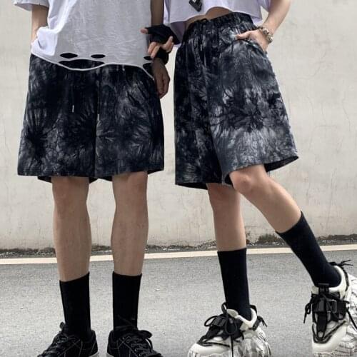 Zoki Bf Women Knee Pants Summer High Waist Harajuku Streetwear Wide Leg Pants Vintage Thin Tie Dye Black Couple Short Pants 2021
