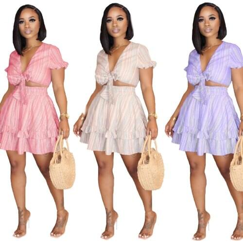 1L151 Autumn Summer Women Casual Two Piece Set Top and Striped Print Bandage Dress Pants Tracksuit Sweatsuit Outfits