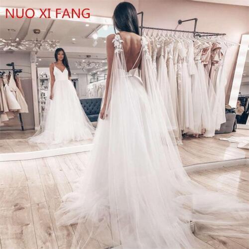 Sexy Spaghetti Straps Tulle Skirt Top Satin Vestido De Novia Sleeveless V-neck Boho Backless 2020 Wedding Dress Bride Dress