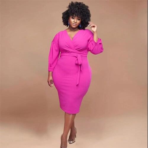 Plus Size Dress Women 5xl V Neck Bandage Solid Casual Puff Sleeve Elegant Midi Dress Fashion Streetwear Wholesale Dropshipping