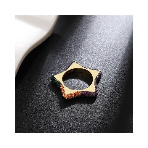 Gold Bling Star Pentagram Ring with Zircon Stone Hip Hop Fashion Jewelry for Women Wedding Engagement Ring