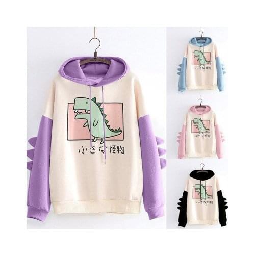 2021 Spring Women Fashion Cartoon Dinosaur Print Hoodie Long Sleeve Color Block Tops for Ladies Plus Fleece Warm Hoodies