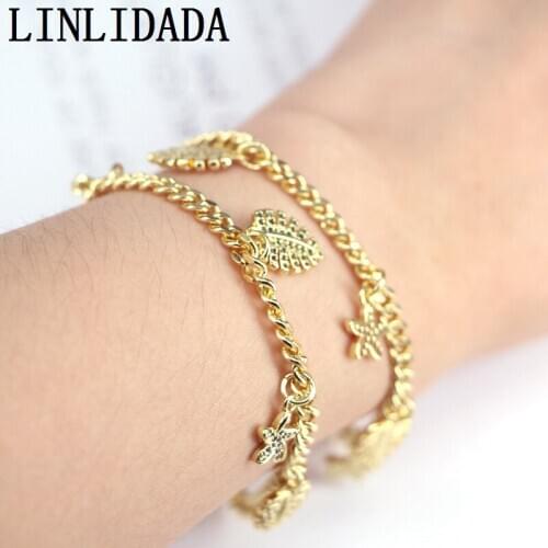 5Pcs Fashion Bracelet, CZ Micro Pave Charms Bracelet, Gold Color Chain Link Bracelets