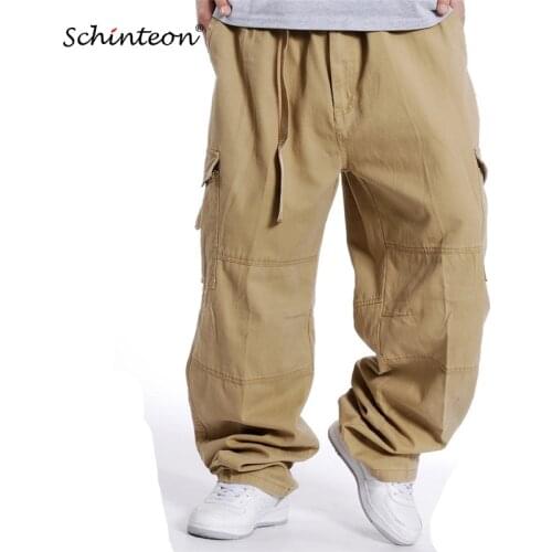 Schinteon Big Size Men Cargo Pants Baggy Loose Casual Pockets Straight Hip Hop Streetwear Trousers 46 48