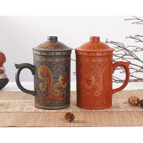 Chinese Dragon Purple Clay Tea Mug with Lid Strainer Retro Handmade office home Cup Zisha Teacup Gift Traditional Mug Tumbler