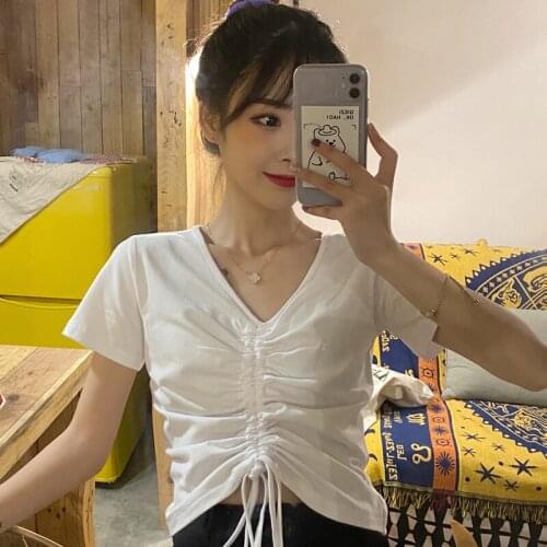 Summer Short Sleeve T-Shirt Women Breathable Cotton Tee Shirt Loose Solid Basic T Shirt Lady Casual V Neck Hipster T Shirt Tops