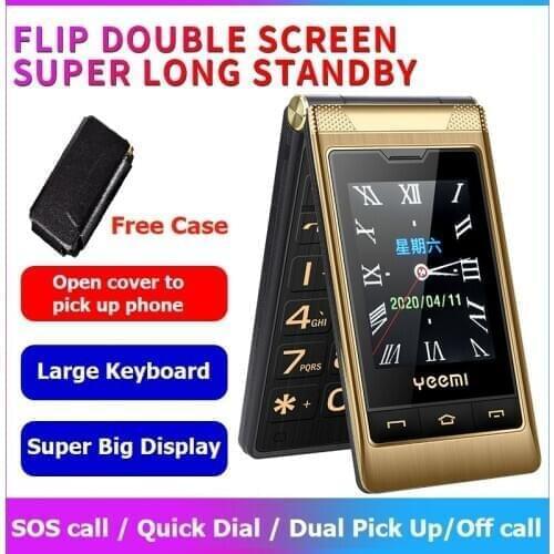 Yeemi 3G WCDMA Two Display Senior Cover Flip Phone Large Key SOS Call Speed Dial Torch Loud Sound Free Case Bluetooth Blacklist