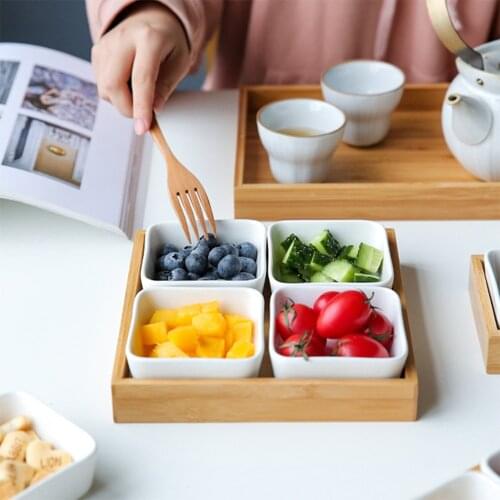Ceramic Grid Fruit Snack Plate Serving Platter Japanese Small Dish with Tray Japanese-Style Ceramic Bamboo Fruit Nuts Plate